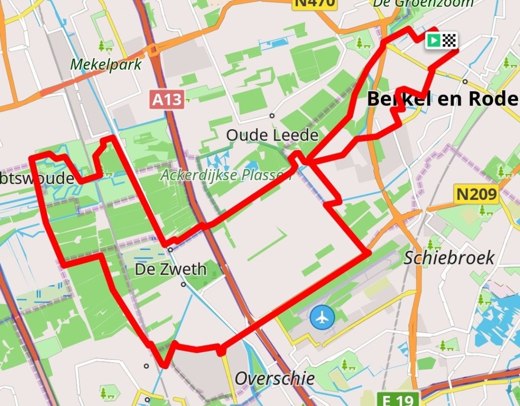 Map of Berkel en Rodenrijs with a route in red.