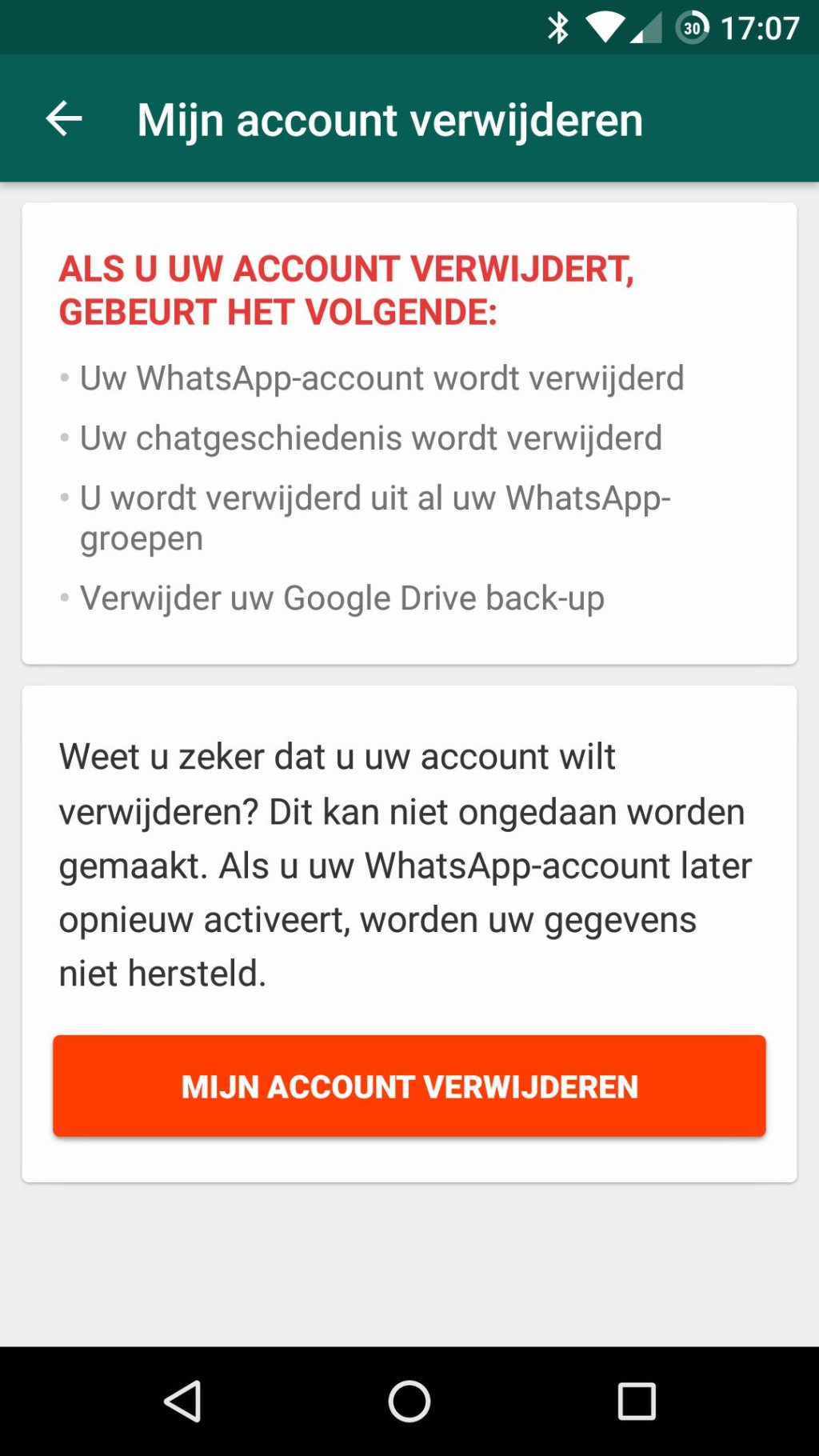 Screenshot of WhatsApp "Delete account?".