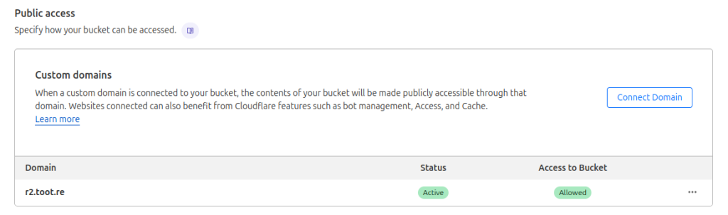 Screenshot with text:
Public access
Specify how your bucket can be accessed.
Custom domains
When a custom domain is connected to your bucket, the contents of your bucket will be made publicly accessible through that domain. Websites connected can also benefit from Cloudflare features such as bot management, Access, and Cache.
Domain Status Access to Bucket
r2.toot.re Active Active.