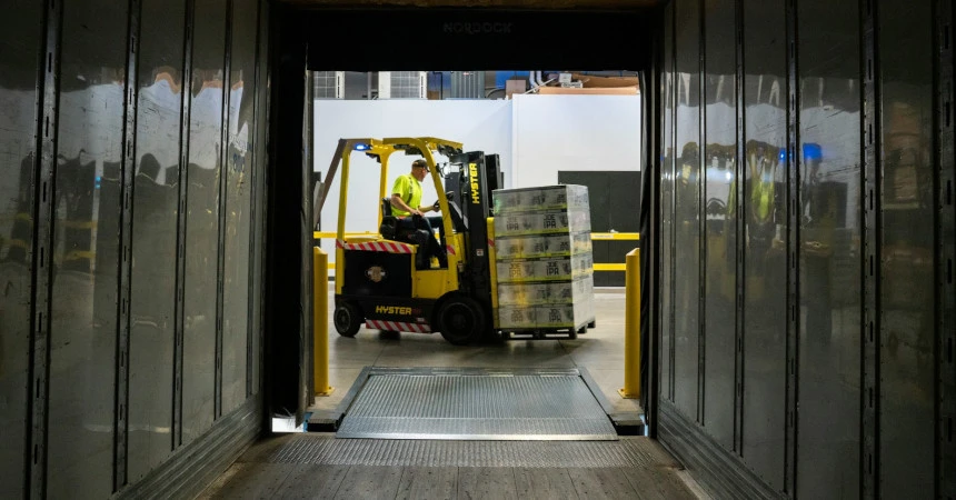 A forklift loading a pallet of boxes photographed from inside a trailer