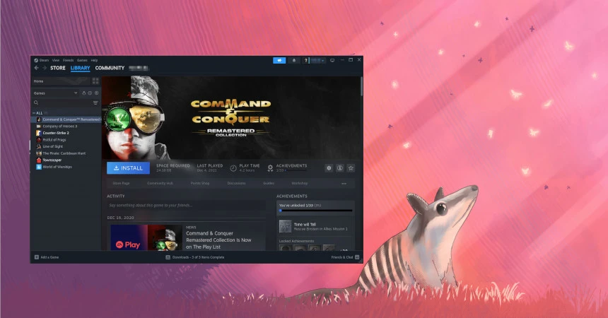 Image showing the home screen of Steam with Command & Conquer visible.
The window is on a pinkish background with a Numbat in the grass