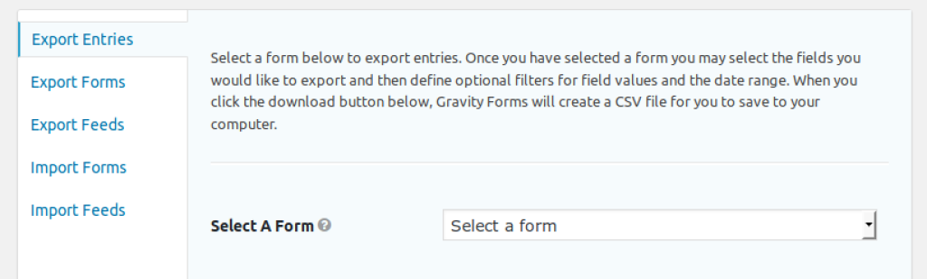 Export options in Gravity Forms.
