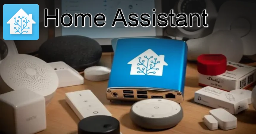 Home Assistant logo and text with all sorts of devices on the background