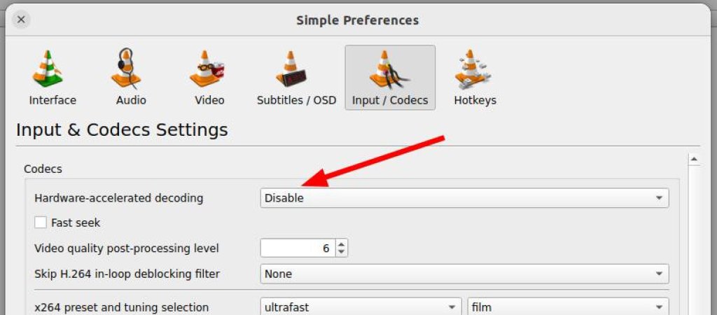 VLC Player settings to disable hardware accelerated decoding.