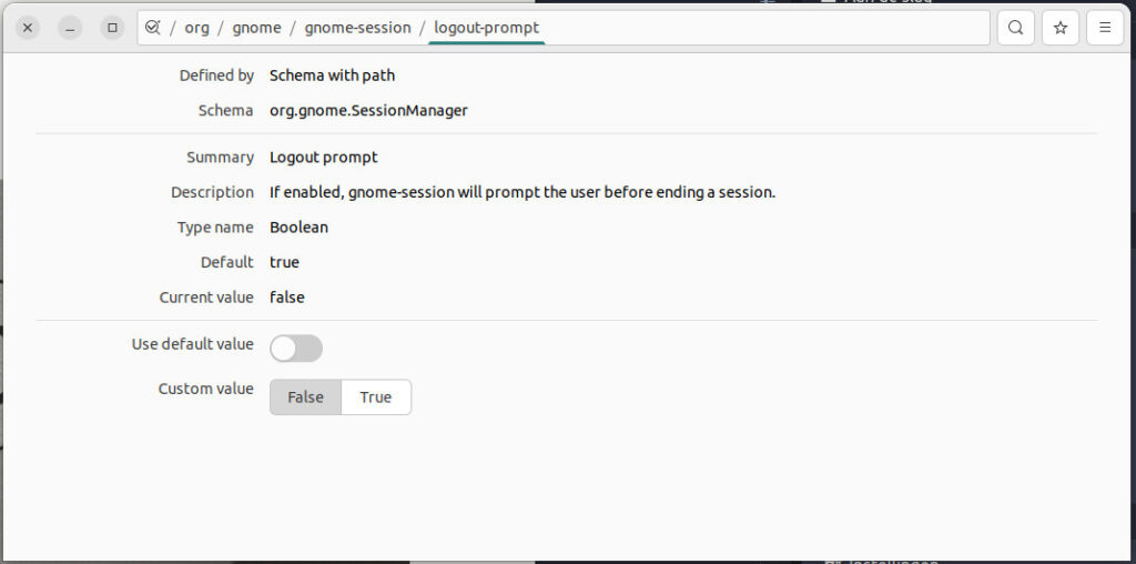 Image of the dconf Editor, showing the Logout prompt key