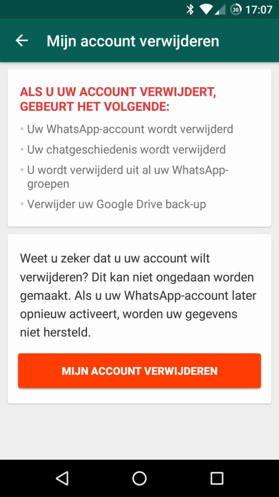 Screenshot of WhatsApp "Delete account?"