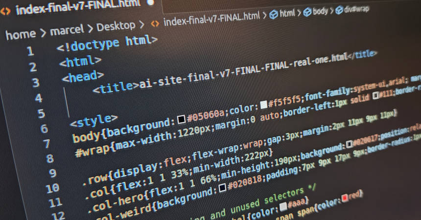 Screenshot of some HTML. The filename is index-final-v7-FINAL.html. Which is a joke of course.